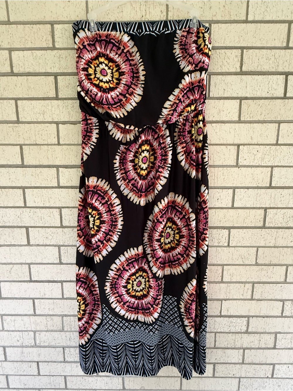 Black Strapless Maxi Dress with Pink Floral Medallion Print